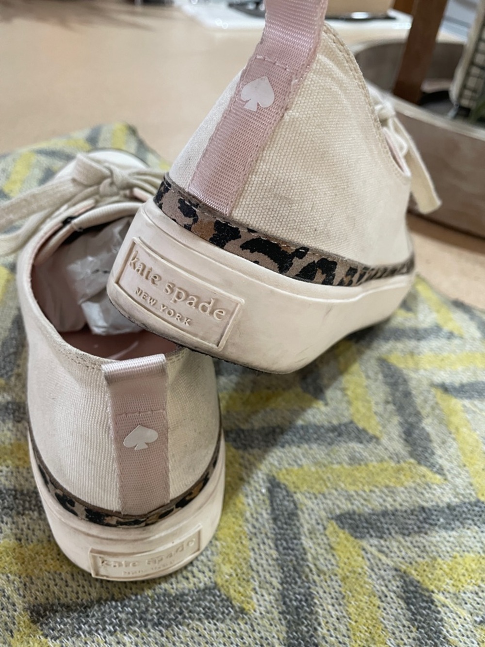 kate spade Cream Canvas Sneakers with Pink Insole and Leopard Trim - Picture 4 of 5